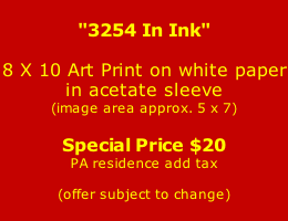 "3254 In Ink"  8 X 10 Art Print on white paper in acetate sleeve (image area approx. 5 x 7)  Special Price $20 PA residence add tax  (offer subject to change)